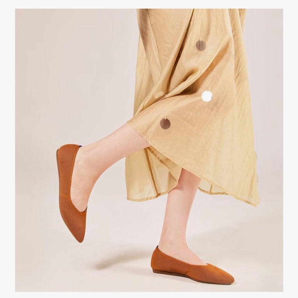 Tan Rothy-style ballet flats with blue lining. Size: US 10